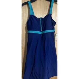 Lands' End Women's Zip Front Swim Dress XXL Blue and Green Adjustable Straps